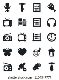 Set of vector isolated black icon - tv vector, abacus, desk, tie, glove, butterfly, garden light, satellite, radio, headphones, heart, music, office chair, ham, clock