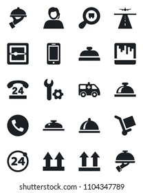 Set of vector isolated black icon - runway vector, 24 around, phone, reception bell, mobile, ambulance car, hours, support, cargo, up side sign, search, scanner, root setup, dish, waiter