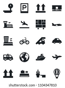 Set of vector isolated black icon - arrival vector, baggage conveyor, parking, ladder car, plane, airport building, ambulance, bike, earth, sea shipping, delivery, port, consolidated cargo, railroad