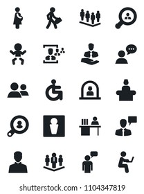 Set of vector isolated black icon - male vector, baby, reception, speaking man, team, disabled, pregnancy, client, speaker, group, user, hr, manager desk, company, search, with notebook