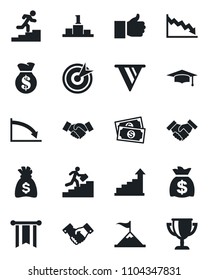 Set of vector isolated black icon - handshake vector, growth statistic, graduate, money bag, cash, finger up, career ladder, target, motivation, pennon, crisis, pedestal, award cup