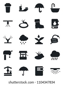 Set of vector isolated black icon - boot vector, rain, well, hose, pond, sea shipping, umbrella, water supply, bathroom, irrigation, heater, filter, sprinkler