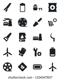 Set of vector isolated black icon - factory vector, trowel, glove, saw, sickle, sea port, flammable, oil barrel, reel, battery, low, root setup, sun panel, windmill, water heater
