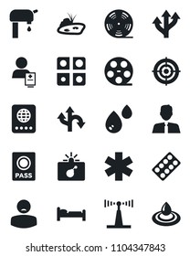 Set of vector isolated black icon - bomb in case vector, passport, bed, pills blister, ambulance star, patient, route, reel, antenna, application, target, pond, water supply, estate agent