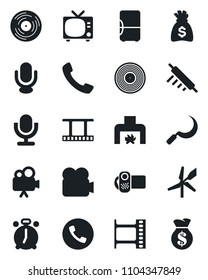 Set of vector isolated black icon - alarm clock vector, phone, tv, money bag, sickle, film frame, vinyl, video camera, microphone, call, fireplace, rolling pin, fridge, windmill