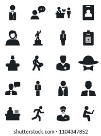 Set of vector isolated black icon - passport control vector, reception, manager, pedestal, run, doctor, support, speaker, identity card, desk, estate agent, waiter, dress code, man with notebook