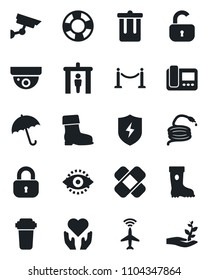 Set of vector isolated black icon - plane radar vector, fence, security gate, umbrella, trash bin, boot, hose, patch, heart hand, protect, eye id, lock, intercome, water filter, surveillance