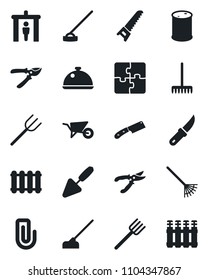 Set of vector isolated black icon - security gate vector, trowel, farm fork, rake, wheelbarrow, pruner, saw, hoe, garden knife, oil barrel, application, paper clip, dish, radiator