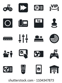Set of vector isolated black icon - baggage conveyor vector, passport control, stamp, radar, scales, gamepad, remote, fast forward, tuning, record, air conditioner, vip zone, intercome, home app