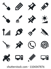 Set of vector isolated black icon - drawing pin vector, job, pencil, garden fork, rake, satellite, hdmi, brightness, fingerprint id, cellular signal, phone, rolling, pc