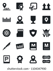 Set of vector isolated black icon - parking vector, vip, stamp, heart shield, navigation, pin, fragile, up side sign, barcode, sd, cut, place tag, sertificate, pen, menu, open close