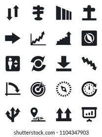 Set of vector isolated black icon - elevator vector, right arrow, growth statistic, crisis graph, route, signpost, navigation, up side sign, sorting, data exchange, download, compass, update, target