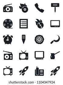 Set of vector isolated black icon - alarm clock vector, tv, stamp, sickle, plant label, reel, flame disk, radio, phone, call, abacus, turkish coffee, rocket