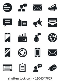 Set of vector isolated black icon - mobile phone vector, speaking man, mail, office, loudspeaker, network, cell, speaker, message, clipboard, schedule