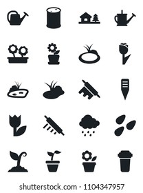 Set of vector isolated black icon - flower in pot vector, seedling, watering can, sproute, rain, plant label, seeds, pond, tulip, oil barrel, house with tree, rolling pin, water filter