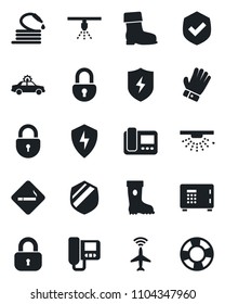Set of vector isolated black icon - plane radar vector, smoking place, alarm car, safe, lock, glove, boot, hose, shield, protect, intercome, sprinkler, crisis management