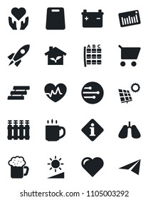 Set of vector isolated black icon - seat map vector, heart, pulse, hand, lungs, barcode, network, brightness, coffee, paper tray, sun panel, beer, cutting board, eco house, radiator, information