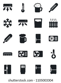 Set of vector isolated black icon - thermometer vector, heater, air conditioner, fridge, drink, beer, snowflake
