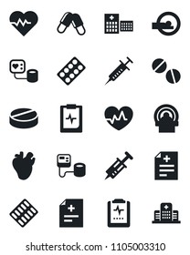 Set of vector isolated black icon - heart pulse vector, diagnosis, syringe, blood pressure, pills, blister, tomography, real, clipboard, hospital