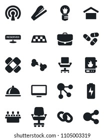 Set of vector isolated black icon - taxi vector, bulb, pills, patch, broken bone, warehouse storage, monitor, chain, charge, office chair, meeting, stapler, dish, reserved, water heater, wireless