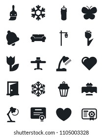 Set of vector isolated black icon - butterfly vector, garden light, heart, tulip, themes, bell, desk lamp, cushioned furniture, restaurant table, candle, snowflake, outdoor, door, certificate