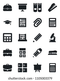 Set of vector isolated black icon - checkroom vector, book, calculator, graduate, abacus, presentation board, microscope, case, paper clip, pencil, stapler