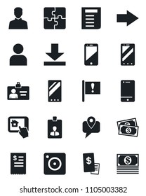 Set of vector isolated black icon - right arrow vector, mobile phone, identity card, document, important flag, cash, tracking, cell, camera, user, download, application, restaurant receipt