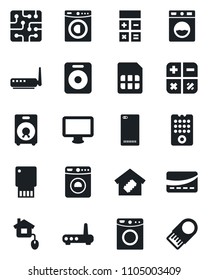 Set of vector isolated black icon - washer vector, calculator, monitor, speaker, phone back, sim, smart home, credit card, control, chip, remote, router, usb flash
