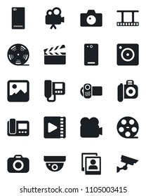 Set of vector isolated black icon - camera vector, clapboard, film frame, reel, video, phone back, mobile, gallery, photo, intercome, surveillance