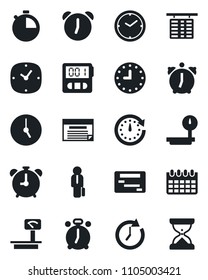Set of vector isolated black icon - alarm clock vector, flight table, calendar, heavy scales, stopwatch, manager, schedule, sand