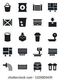 Set of vector isolated black icon - trash bin vector, bucket, watering, railroad, truck trailer, cargo container, consolidated, package, oil barrel, heavy scales, archive box, water filter