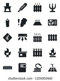 Set of vector isolated black icon - fire vector, hose, fireplace, thermometer, heater, air conditioner, candle, water, smoke detector, radiator, warm floor