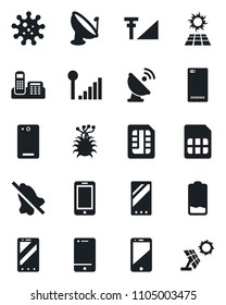 Set of vector isolated black icon - mobile phone vector, virus, satellite antenna, cell, low battery, back, sim, mute, cellular signal, office, sun panel