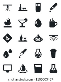 Set of vector isolated black icon - hot cup vector, water drop, dropper, flammable, monitor, alcohol, drink, cocktail, filter, sprinkler, flask