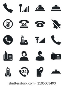 Set of vector isolated black icon - phone vector, no mobile, reception bell, office, 24 hours, support, tracking, radio, call, mute, cellular signal
