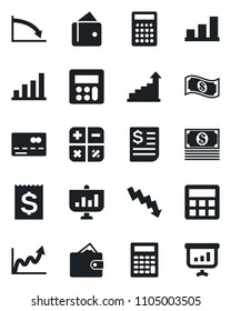 Set of vector isolated black icon - credit card vector, growth statistic, calculator, crisis graph, receipt, bar, wallet, cash, presentation