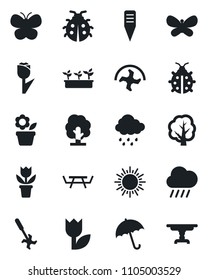 Set of vector isolated black icon - umbrella vector, sun, flower in pot, ripper, tree, butterfly, lady bug, seedling, rain, plant label, picnic table, tulip