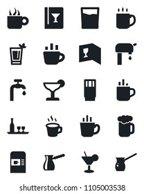 Set of vector isolated black icon - hot cup vector, coffee machine, water supply, alcohol, wine card, drink, cocktail, phyto bar, beer, turkish