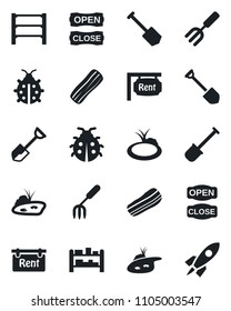 Set of vector isolated black icon - job vector, garden fork, shovel, lady bug, pond, rack, rent, bacon, open close, rocket