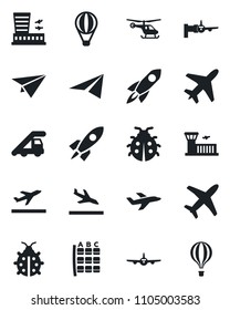 Set of vector isolated black icon - plane vector, departure, arrival, ladder car, boarding, helicopter, seat map, airport building, lady bug, rocket, paper, air balloon