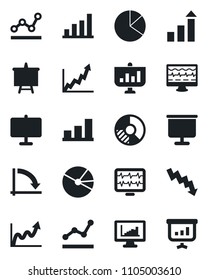 Set of vector isolated black icon - growth statistic vector, presentation board, crisis graph, circle chart, monitor pulse, statistics, bar, pie, point