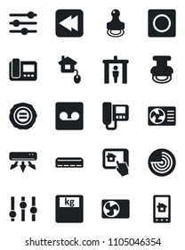 Set of vector isolated black icon - security gate vector, radar, stamp, scales, settings, rewind, tuning, record, air conditioner, home control, intercome, app