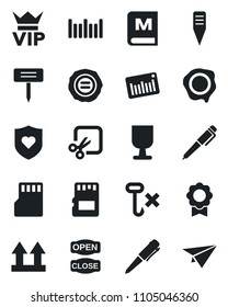 Set of vector isolated black icon - vip vector, pen, stamp, plant label, heart shield, fragile, up side sign, no hook, barcode, sd, cut, sertificate, menu, open close, paper plane