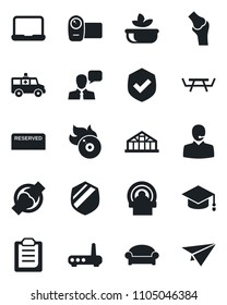 Set of vector isolated black icon - waiting area vector, graduate, greenhouse, picnic table, tomography, ambulance car, joint, shield, flame disk, video camera, speaker, clipboard, support, reserved