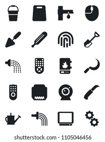 Set of vector isolated black icon - mouse vector, trowel, shovel, watering can, bucket, sickle, garden knife, drip irrigation, thermometer, tv, remote control, hdmi, fingerprint id, cutting board