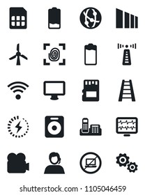 Set of vector isolated black icon - antenna vector, no laptop, ladder, monitor pulse, support, sorting, video camera, network, speaker, battery, low, sd, sim, charge, office phone, wireless, gear