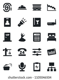 Set of vector isolated black icon - sproute vector, pulse clipboard, railroad, 24 hours, barcode, microphone, tuning, torch, identity card, bedroom, crane, wine, reception, vip zone, steaming pan
