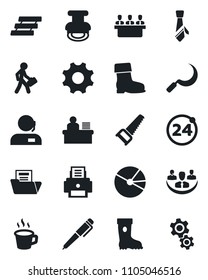 Set of vector isolated black icon - 24 around vector, boot, saw, sickle, settings, coffee, company, pie graph, document folder, support, manager desk, meeting, printer, tie, paper tray, stamp, pen
