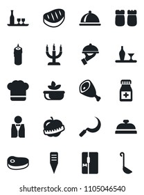 Set of vector isolated black icon - sickle vector, plant label, pills bottle, diet, fridge, waiter, dish, alcohol, cook hat, reception, salad, salt and pepper, candle, steak, ham, ladle