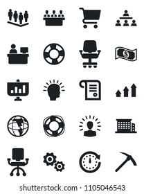 Set of vector isolated black icon - team vector, manager place, meeting, hierarchy, office building, arrow up graph, gear, shining head, clock, earth, chair, cart, cash, crisis management, contract